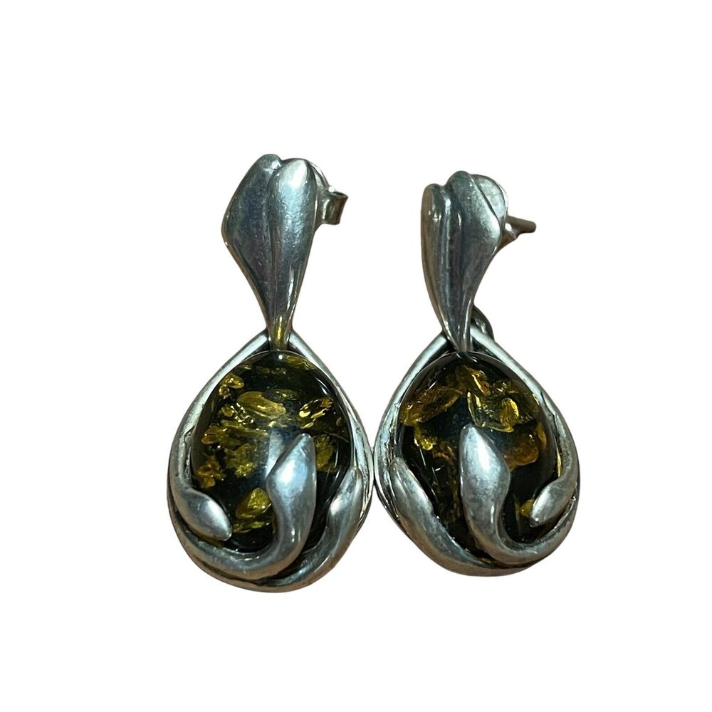 Green Baltic Amber Dangle Earrings 925 Sterling Silver Made In Poland